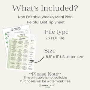 May include: A digital download with a weekly meal plan and diet tip sheet. The file type is 2 PDF files, sized at 8.5" x 11" US Letter size. The text includes "What's Included?" and "GLP-1 7 Day Meal Plan".