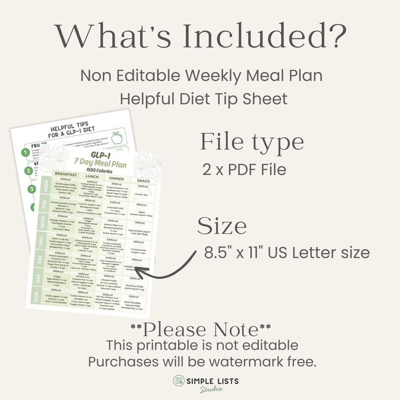 May include: A digital download with a weekly meal plan and diet tip sheet. The file type is 2 PDF files, sized at 8.5" x 11" US Letter size. The text includes "What's Included?" and "GLP-1 7 Day Meal Plan".