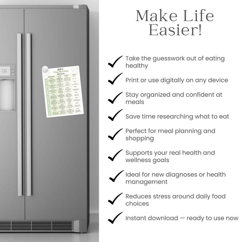 May include: A refrigerator with a meal plan magnet. The magnet has a green and white design with text. The text on the right side of the image says "Make Life Easier!" and lists benefits of the meal plan.