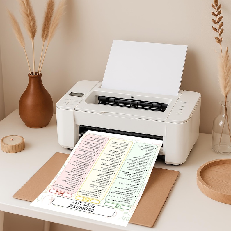 May include: A white printer is printing a colorful "Probiotic Food List" on a white sheet of paper. The list is divided into sections labeled "Avoid", "Limit", and "Eat". A brown envelope is under the printed paper.