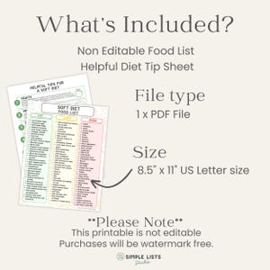 May include: A printable diet sheet with a food list, including fruits, vegetables, and foods to avoid. The file type is a PDF, and the size is 8.5" x 11" US Letter size. The text reads "What's Included?" and "Helpful Diet Tip Sheet."