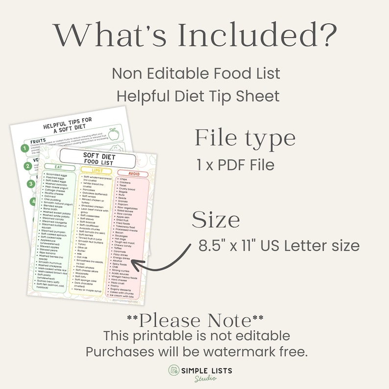 May include: A printable diet sheet with a food list, including fruits, vegetables, and foods to avoid. The file type is a PDF, and the size is 8.5" x 11" US Letter size. The text reads "What's Included?" and "Helpful Diet Tip Sheet."