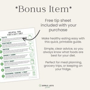 May include: A printable guide titled "Helpful Tips for a GLP-1 Diet" with sections on fruits, vegetables, protein, grains, fats, drinks, and seasoning. Includes a bonus tip sheet for meal planning and grocery trips.