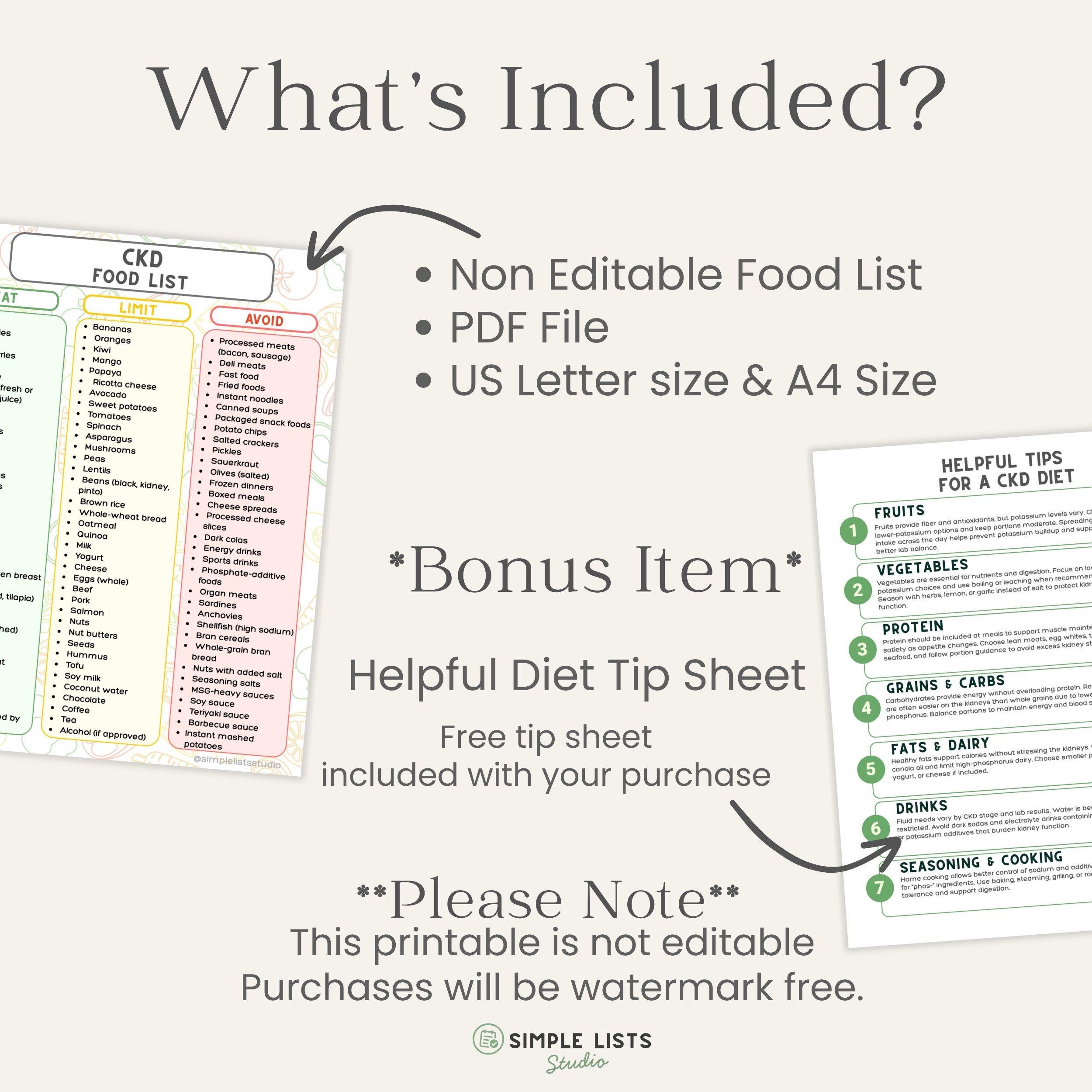 CKD Food List Printable PDF, Chronic Kidney Disease Diet Guide, Kidney ...