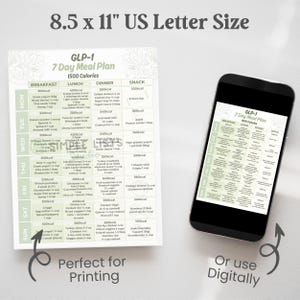 May include: A printed 8.5 x 11 inch meal plan titled "GLP-1 7 Day Meal Plan 1500 Calories" is displayed next to a smartphone showing the same plan. The plan is divided into breakfast, lunch, dinner, and snack sections.