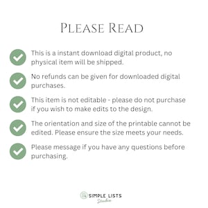 May include: A white background with the text "PLEASE READ" in a serif font. Below, bullet points detail the product's digital nature, non-editability, and refund policy. The Simple Lists Studio logo is at the bottom.