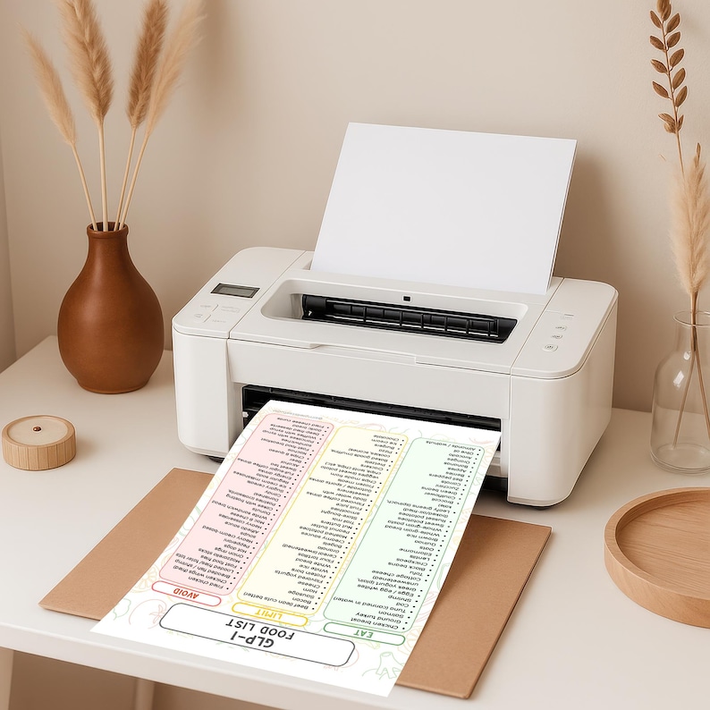K&ouml;nnte beinhalten: Ein wei&szlig;er Drucker druckt ein Dokument mit der Aufschrift "GLP-1 FOOD LIST". Das Dokument liegt auf einer braunen Oberfl&auml;che. Links vom Drucker befindet sich eine braune Vase mit getrockneten Pflanzen. Vor der Vase befindet sich ein kleines Holzobjekt.