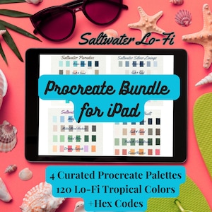 Puede incluir: Un paquete de arte digital para iPad con 4 paletas Procreate seleccionadas con 120 colores tropicales Lo-Fi y códigos hexadecimales. La imagen incluye una tableta, gafas de sol, conchas marinas y el texto "Saltwater Lo-Fi".