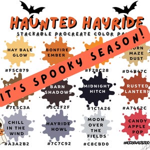 May include: A digital art palette named "Haunted Hayride" with Halloween-themed colour swatches. The image includes a ghost, spider, and bats. Text on the image says "It's Spooky Season!" and colour names like "Bonfire Ember" and "Candy Apple Pop".