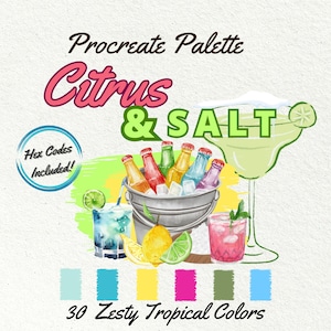 Könnte beinhalten: Digitale Kunstpalette "Citrus & Salt" mit einer Aquarellillustration von Cocktails, einem Eimer mit Flaschen und Zitrusfrüchten. Enthält 30 spritzige tropische Farben und Hex-Codes. Die Palette zeigt eine Margarita, einen Cocktail mit Limette und ein rosa Getränk.