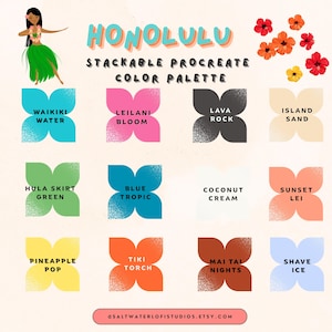 Puede incluir: Una paleta de colores digital titulada "Honolulu" con 12 muestras de color, cada una etiquetada con un nombre de temática hawaiana. La paleta incluye colores como "Waikiki Water", "Lava Rock" y "Sunset Lei". También se presenta una bailarina de hula de dibujos animados y flores.