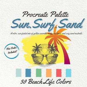 INSTANT DOWNLOAD! Beachy Procreate Color Palette with Hex Codes , 30 Beachy Tones for Summer,  Retro Ocean Brights for Procreate + Hex Codes