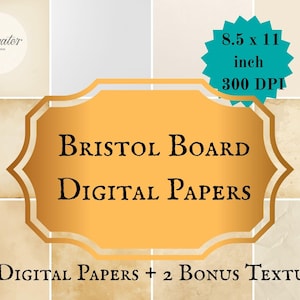 May include: Digital paper pack featuring Bristol Board textures. The image includes the text "Bristol Board Digital Papers" and "12 Digital Papers + 2 Bonus Textures". The dimensions are 8.5 x 11 inches at 300 DPI.