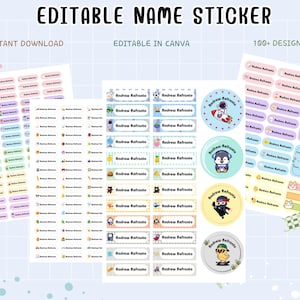 Peut inclure: Plusieurs planches d'autocollants de noms modifiables aux couleurs vives. Les étiquettes affichent le nom "Andrew Refronte" et comprennent le texte "Editable Name Sticker", "Instant Download" et "Editable in Canva".