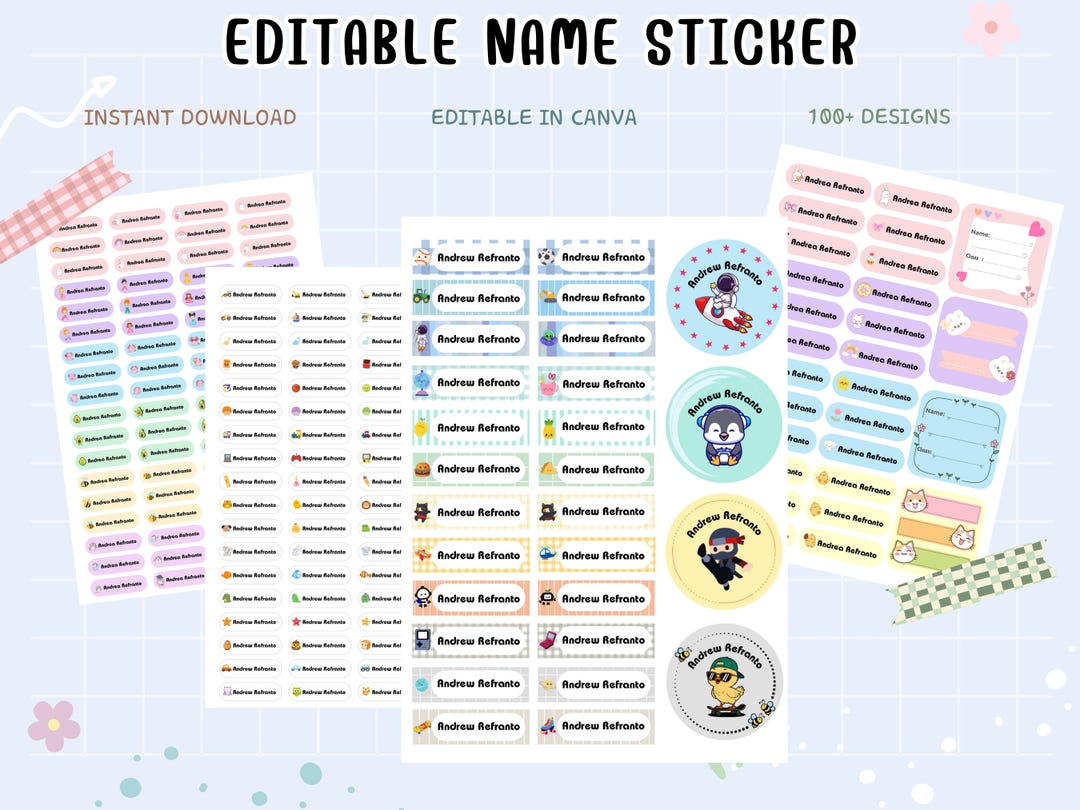 Editable Name Sticker Bundle for Kids | A4 Canva Sheets |pastel ...