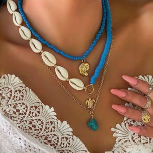 Chunky Boho Coastal Necklace, Layered Seashell & Beaded Necklace, Gold Charm Summer Jewelry, Non Tarnish Gift for Her, Beach Vacation Style