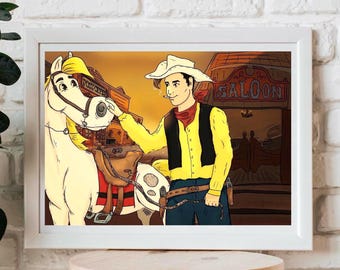 Lucky Luke Cowboy Art Print | Western Wall Art | Horse & Saloon Illustration | Western Decor