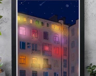 Cozy Night Cityscape Wall Art | Glowing Apartment Windows, Starry Sky | Whimsical Urban Wall Decor