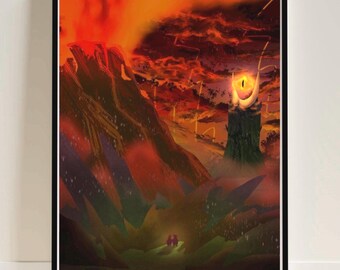 Impression inspirée du Seigneur des anneaux | Affiche d'art du Mordor | Illustration de l' Eyeil de Sauron et du mont Doom | Art mural fantastique