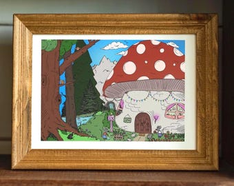 Whimsical Mushroom House Wall Art | Cozy Cottagecore Forest Cottage Illustration | Fairytale Mouse Home Decor