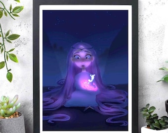 Magical Dragon Baby & Girl Art Print | Satin Finish | Fantasy Wall Art | Sci Fi Wall Decor | Dragon Wall Art
