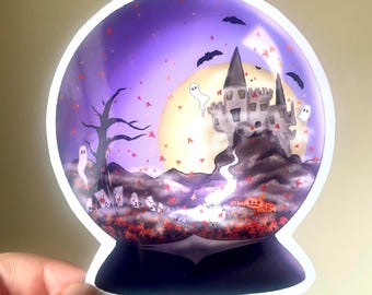 Autumn Halloween Snow Globe Sticker | Castle, Ghosts & Fall Leaves | Spooky Cute Vinyl Decal