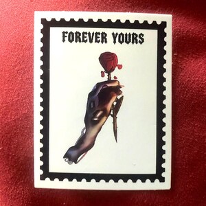 Forever Yours Gothic Love Sticker | Zombie Skeleton Hand with Rose | Horror Stamp Vinyl Sticker for Laptops, Journals, Water Bottles | Gift