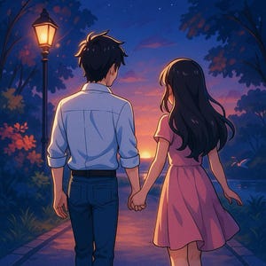 May include: An animated illustration of a couple holding hands while walking on a path. The man wears a light blue button-down shirt and jeans. The woman wears a pink dress. A lamppost illuminates the path, and the sunset is in the background.