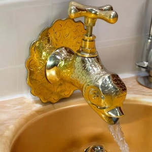Handmade Moroccan Brass Faucet – Fish Shaped Ornate Vintage Tap for Bathroom, Kitchen, or Garden