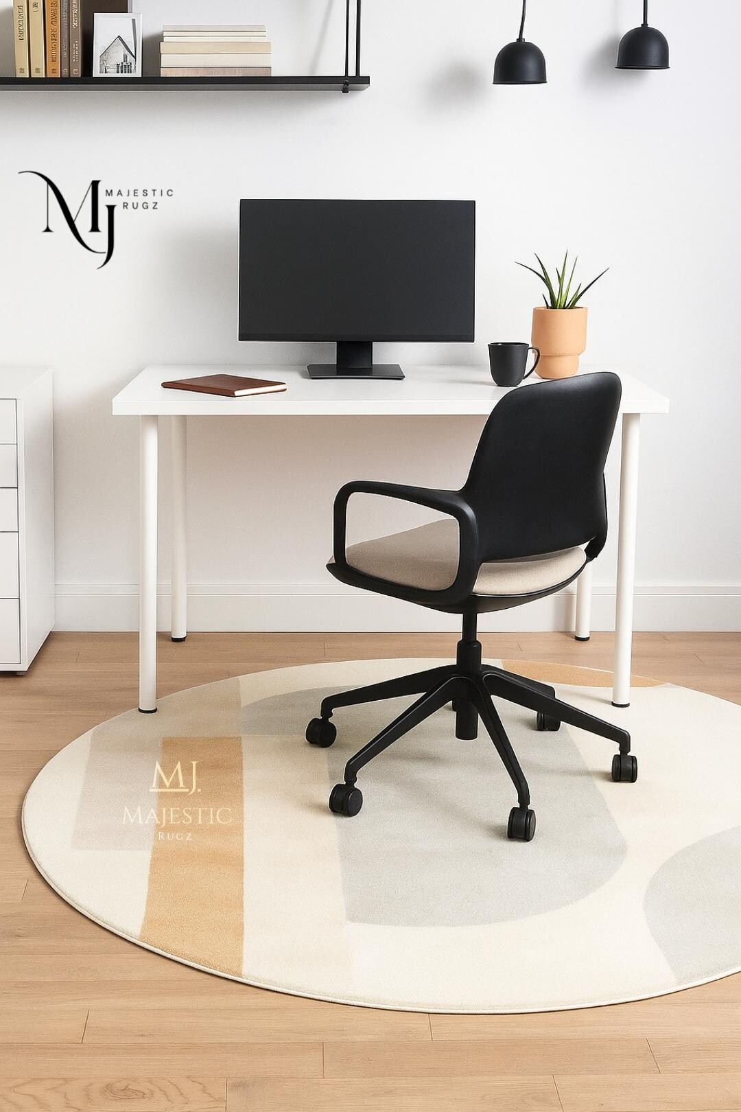Desktop Rug Modern Round Neutral Office Rug – Minimalist Geometric Area Rug for ...