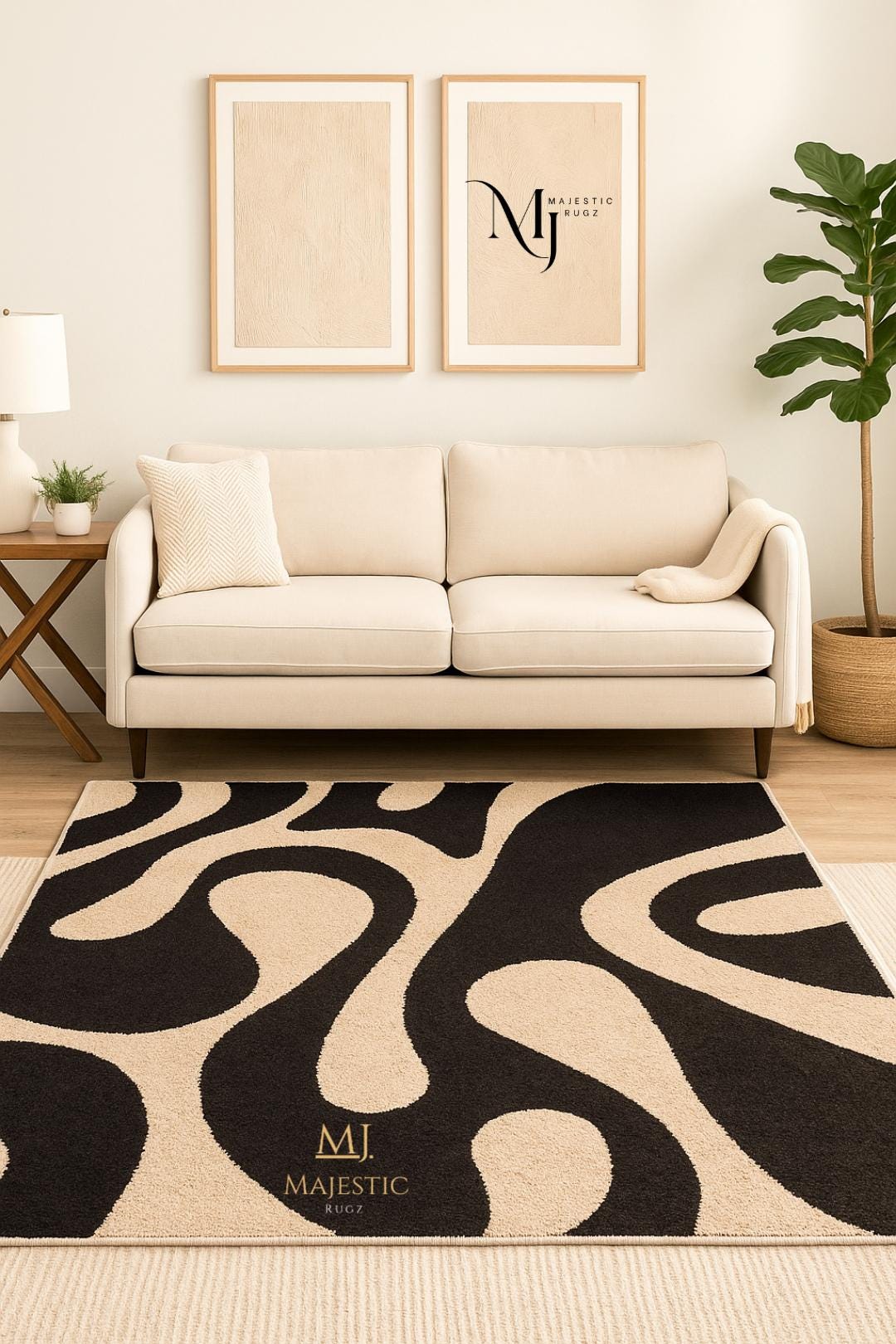 Modern Abstract Black & Beige Rug – Minimalist Curved Design ...