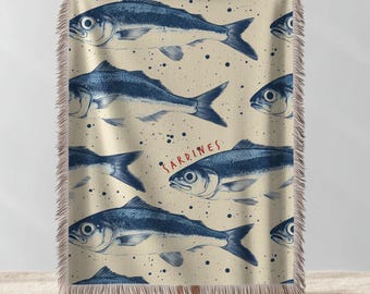 Sardine Woven Blanket, Coastal Fish Throw Blanket, Nautical Beach House Decor, Ocean Themed Tapestry, Seaside Cottage Living