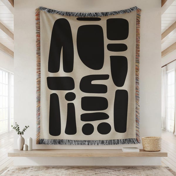 Black Abstract Tapestry Blanket Modern Boho Throw Minimalist Wall Hanging Artistic Bedding Cozy Sofa Blanket Neutral Home Decor Gift for Her