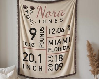 Personalized Baby Girl Birth Stat Blanket, Custom Name Woven Throw, Newborn Keepsake Blanket, Baby Shower Gift, Birth Announcement Blanket