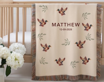 Manta personalizada de pato real para bebé, decoración rústica para guardería, manta de recuerdo para recién nacido, regalo para niño pequeño, regalo personalizado para baby shower con nombre