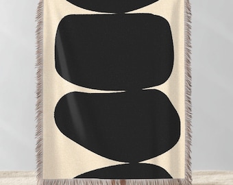 Modern Abstract Woven Blanket Minimalist Black and Cream Throw Geometric Mid Century Wall Art Blanket, Cozy Boho Home Decor Minimal Tapestry