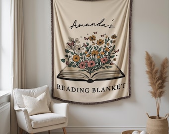 Manta de lectura personalizada, manta tejida minimalista con nombre personalizado para amantes de los libros, regalo literario, manta de lectura con nombre, regalo para lectores