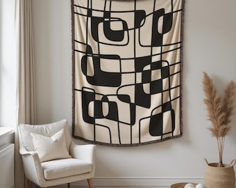 Abstrakt geometrisk pläd, svartvit design i mitten av århundradet, modern vävd filt, retro gobeläng, bohemisk minimalistisk filt