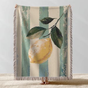 Striped Lemon Woven Throw Blanket with Vintage Botanical Fruit Design Coastal Farmhouse Tapestry for Sofa, Bed, Kitchen or Summer Home Decor