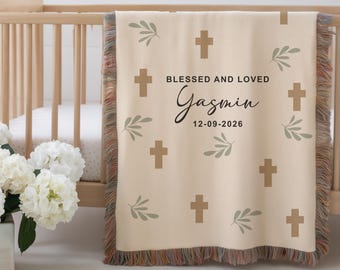 Baby-Decke, personalisiertes Taufgeschenk, Baby-Dusche-Andenken, religiöses Kreuz-Kinderzimmer-Dekor, gesegnete Baby-Decke