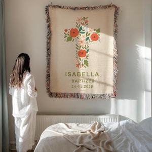 Personalized Baptism Woven Blanket, Custom Floral Cross Baby Blanket, Christening Gift for Girls, Religious Keepsake Throw, Baby Shower Gift