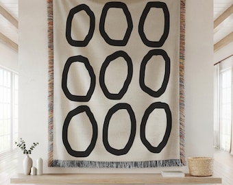 Jeté tissé abstrait neutre, couverture géométrique minimaliste, décoration d'intérieur Boho Japandi, jeté design cercle abstrait, cadeau de pendaison de crémaillère