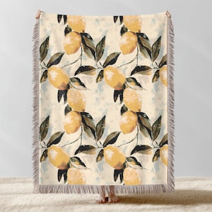 Lemon Botanical Woven Throw Blanket with Vintage Fruit Illustration, Cozy Cottagecore Tapestry for Sofa, Bed, Kitchen or Summer Home Decor