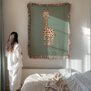Personalized Woven Giraffe Blanket, Giraffe Nursery Decor Baby Shower Gift Safari Animal Name Blanket, Nursery Sage Green Decor Throw