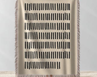 Modern Minimalist Woven Throw Blanket with Black Dash Line Pattern, Neutral Cream Boho Tapestry for Couch, Bed, or Wall Art Home Décor