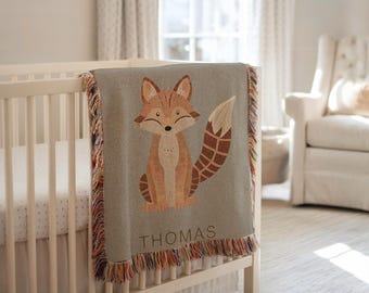 Personalized Fox Blanket for Baby, Fox Woven Blanket Throw Gift Baby Shower Woodland Animal Blanket for Nursery Decor Forx Baby Blanket