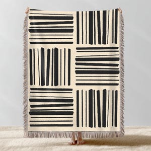 Minimalist Boho Stripe Throw Blanket Modern Black & White Woven Blanket, Sofa Couch Decor, Cozy Farmhouse Bedspread, Abstract Tapestry