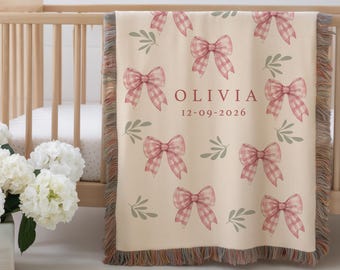 Personalized Baby Girl Blanket, Custom Name Baby Shower Gift, Gingham Bow Nursery Decor, Newborn Keepsake Blanket, Infant Girl Gift