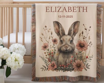 Personalized Bunny Baby Blanket, Custom Baby Woven Throw, Floral Nursery Decor, Farm Animal Crib Quilt, Baby Girl Shower Keepsake Gift