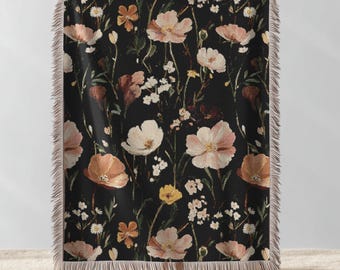 Dark Cottage Core Woven Blanket Rustic Floral Throw Cozy Boho Farmhouse Bedding Vintage Botanical Tapestry Gothic Home Decor Blanket